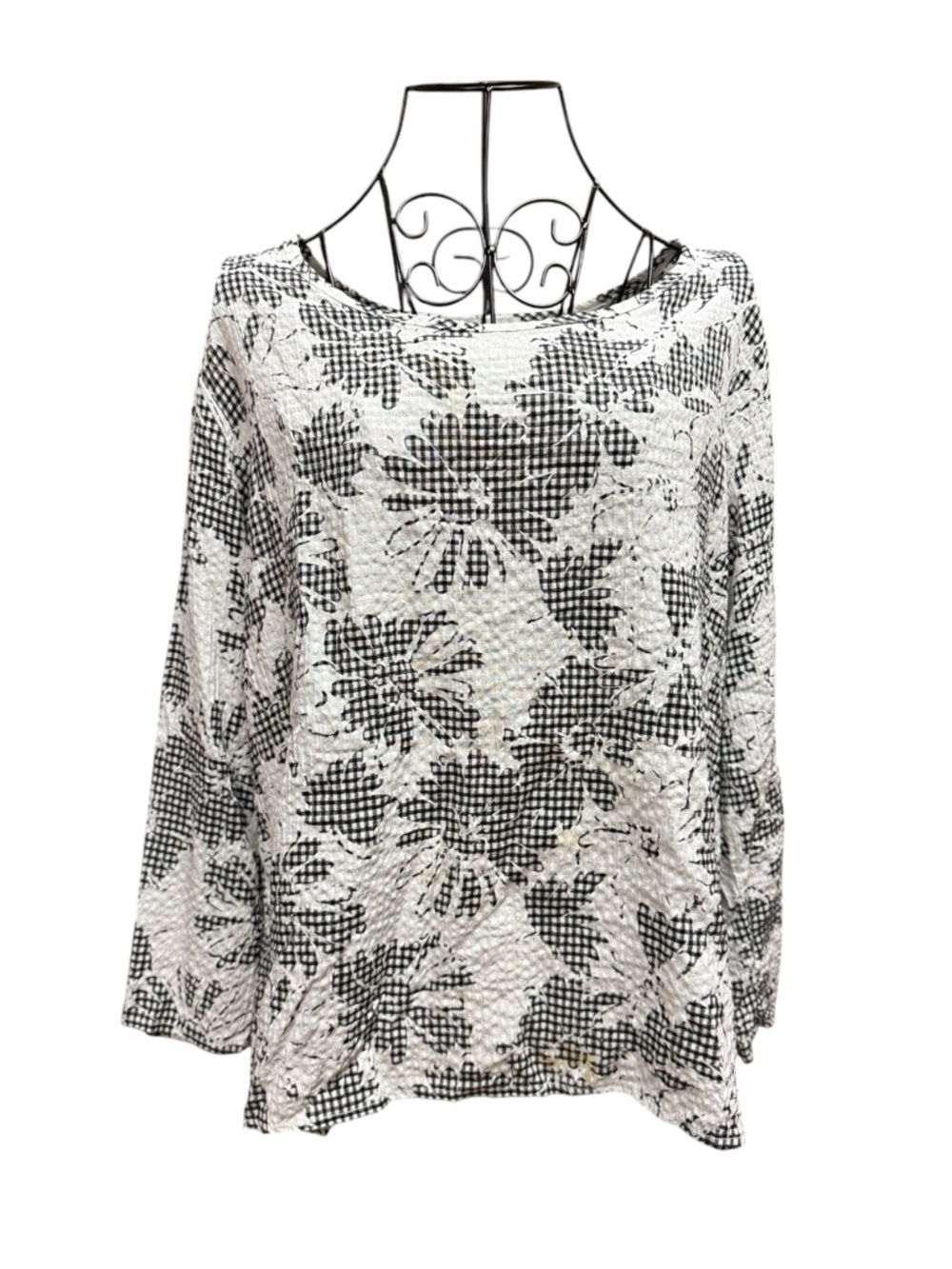 cut loose Black & White Floral Gingham Long Sleeve Top